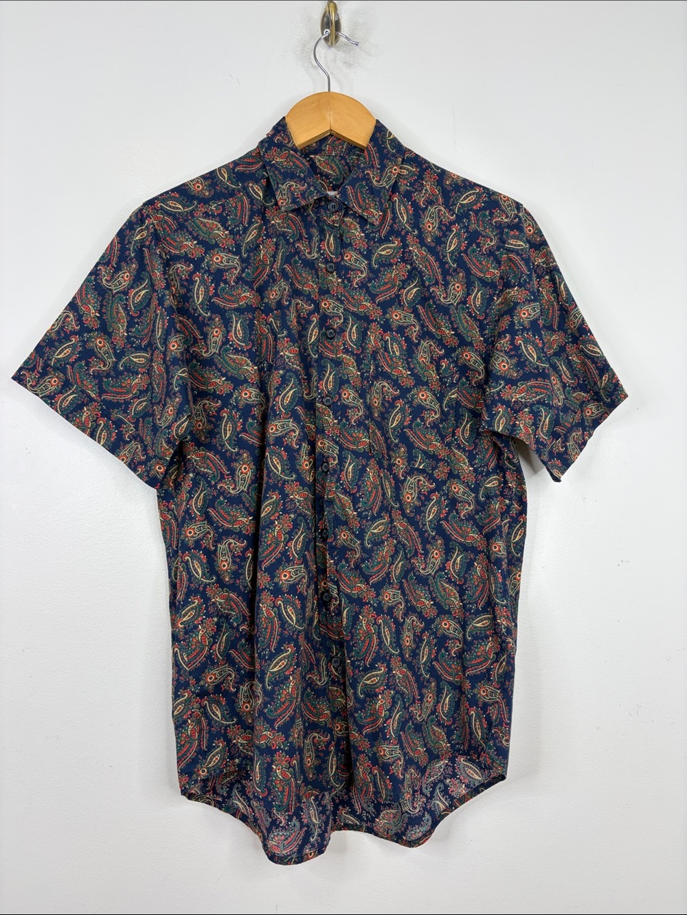 Vintage Tilley Shirt Womens Small Navy Blue Red Paisley Short Sleeve Cotton